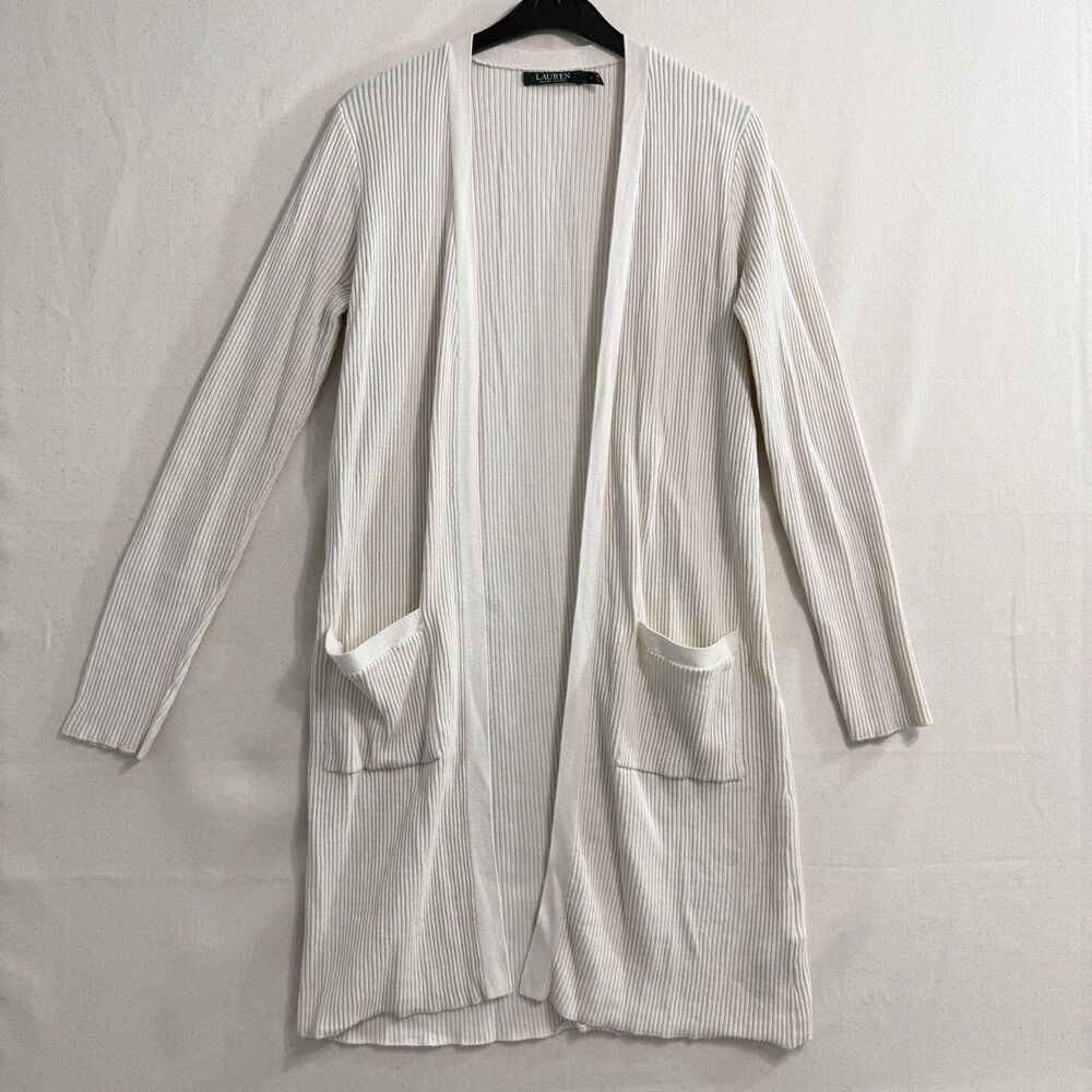 Lauren Ralph Lauren Women M Ivory Ribbed Long Open Front Cardigan Sweater